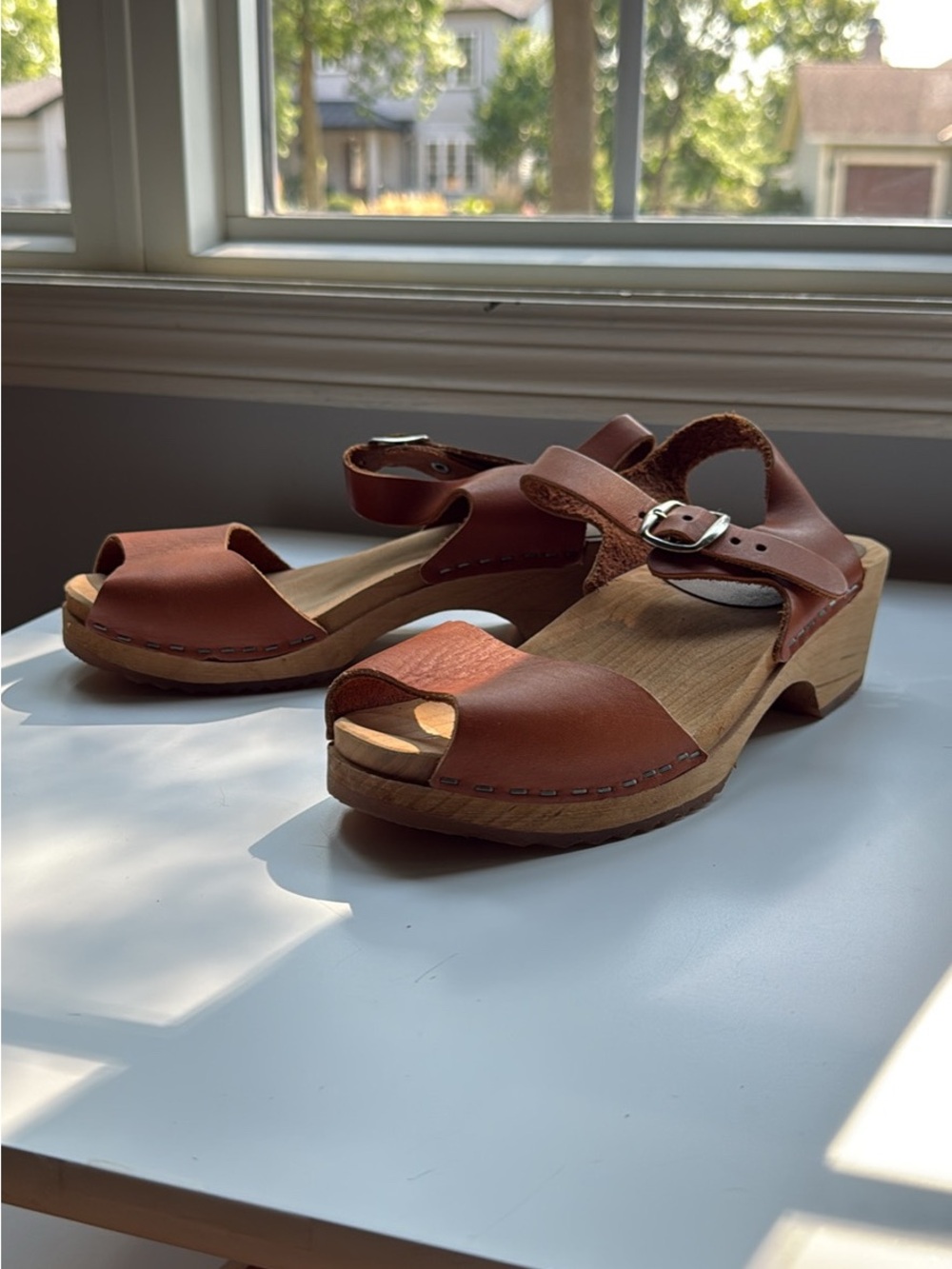 MIA Cognac Brown Leather Open-Toe Clogs with Buckle